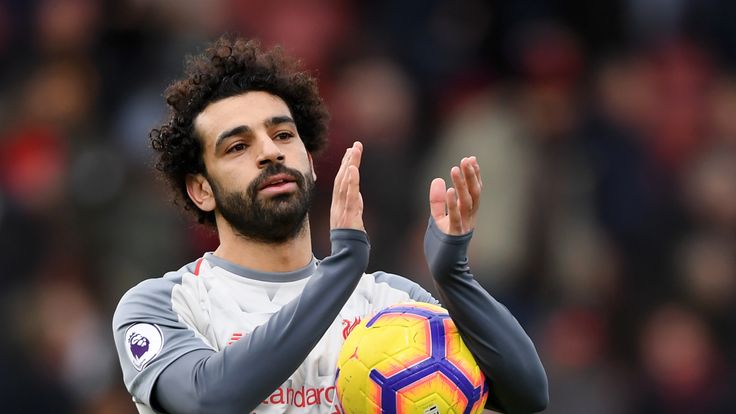 Mohamed Salah with the match ball after his hat-trick against Bournemouth