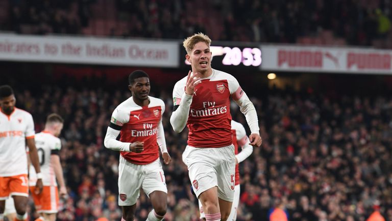 Smith Rowe celebrates his first senior goal at the Emirates Stadium