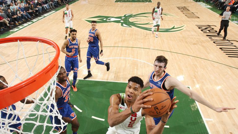 Giannis Antetokoumpo elevates for an easy lay-up against New York
