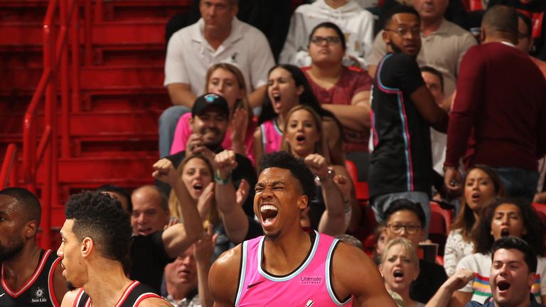 Hassan Whiteside celebrates after making a big play