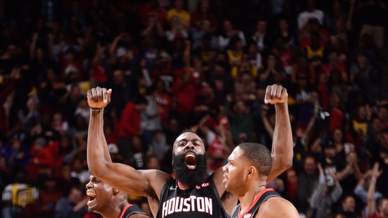 James Harden celebrates Houston's victory over the Lakers