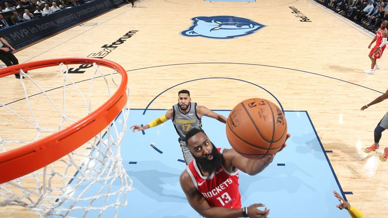 James Harden attacks the basket against Memphis