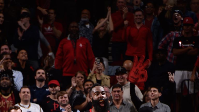 James Harden celebrates during Houston's win over Utah