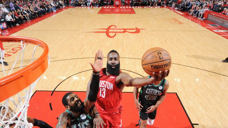 James Harden beats Kyrie Irving to score at the rim