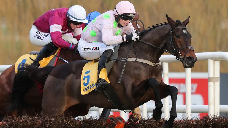 Sharjah, ridden by Patrick Mullins, jumps the last to win the Ryanair Hurdle 
