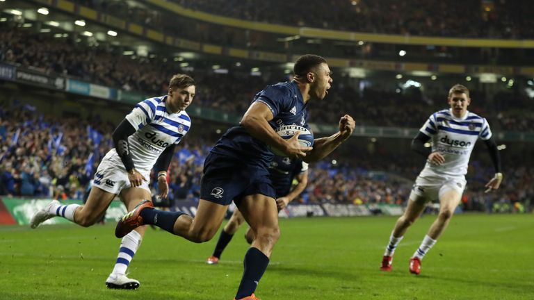 Adam Byrne  celebrates scoring Leinster's fourth try.
