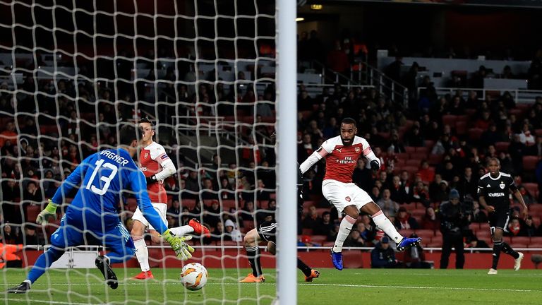 Alexandre Lacazette of Arsenal scores the opening goal of the game during the UEFA Europa League Group E match between Arsenal and Qarabag FK at Emirates Stadium on December 13, 2018 in London, United Kingdom