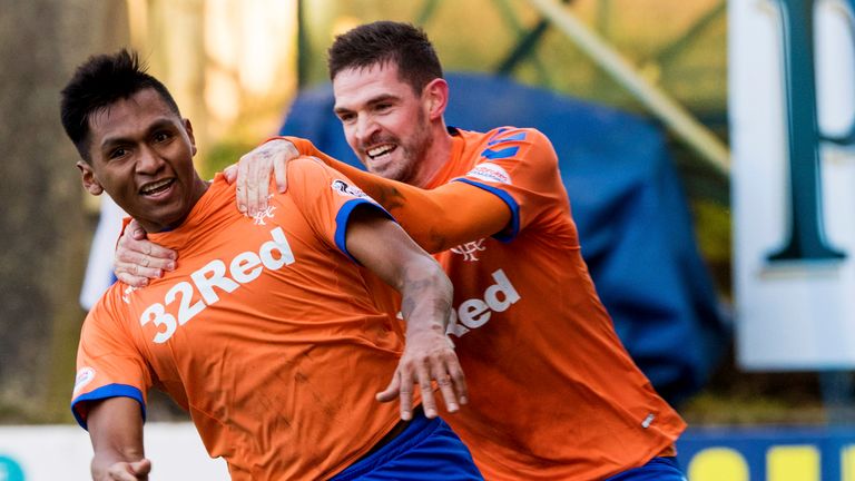 Rangers' Alfredo Morelos celebrates after scoring the winning goal with Kyle Lafferty