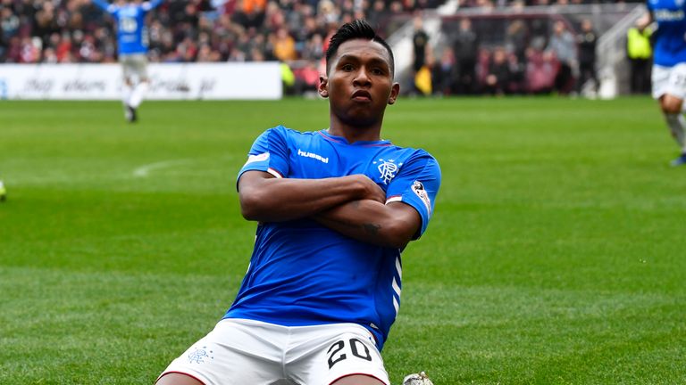 Alfredo Morelos celebrates after making it 2-1 Rangers