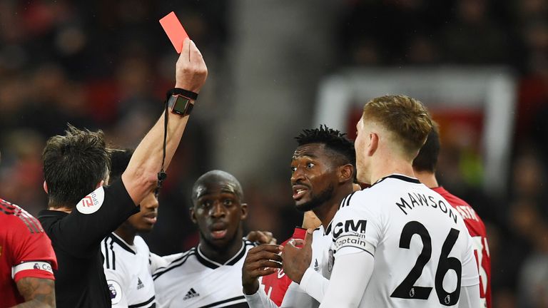 Andre Zambo Anguissa is sent off at Old Trafford