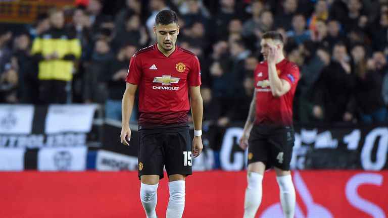 Manchester United&#39;s Belgian-born Brazilian midfielder Andreas Pereira reacts after Valencia scored a goal during the UEFA Champions League group H football match between Valencia CF and Manchester United at the Mestalla stadium in Valencia on December 12, 2018