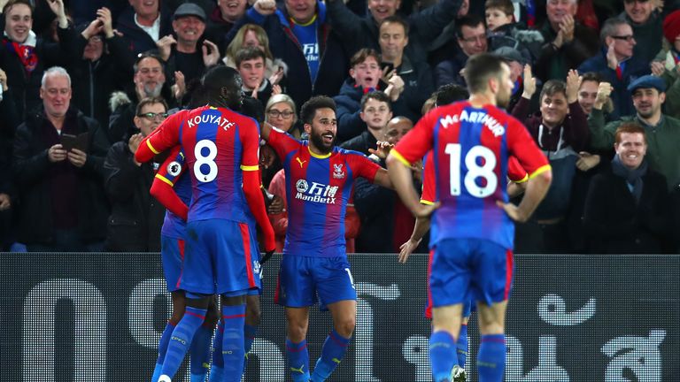 Andros Townsend of Crystal Palace celebrates with teammates after scoring his team's second goal during the Premier League match between Crystal Palace and Burnley FC at Selhurst Park on December 1, 2018 in London, United Kingdom. 