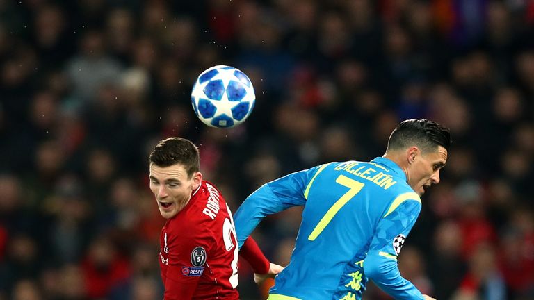 Andy Robertson and Jose Callejon battle for the ball in Liverpool's Champions League clash with Napoli at Anfield