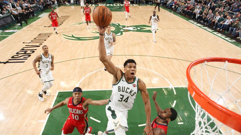 Giannis Antetokounmpo of the Milwaukee Bucks dunks the ball against the New Orleans Pelicans