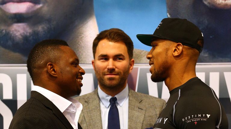 LONDON, ENGLAND - DECEMBER 10:  Boxers Dillian Whyte (L) and Anthony Joshua (R) face off during the Anthony Joshua & Dillian Whyte Head-to-Head Press Conference at the Four Seasons Hotel on December 10, 2015 in London, England.  (Photo by Harry Engels/Getty Images)