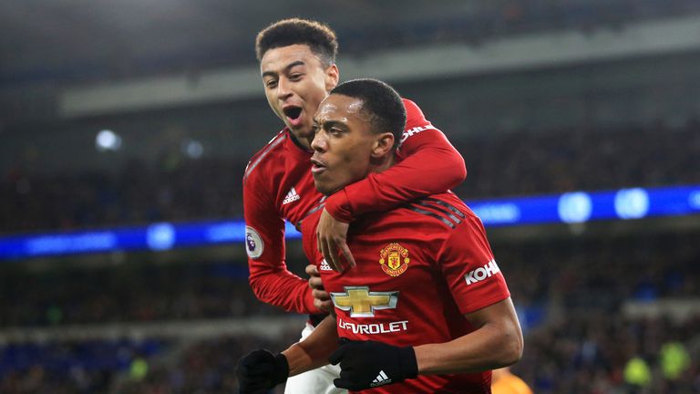 Anthony Martial celebrates his goal with Jesse Lingard
