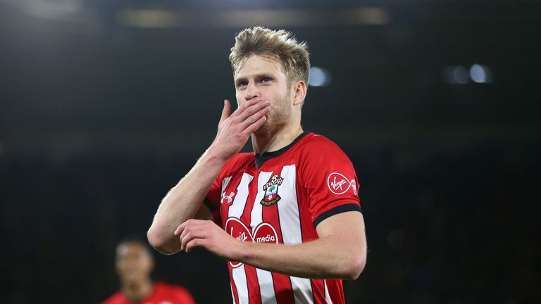 Stuart Armstrong celebrates during the Premier League match between Southampton FC and Manchester United.