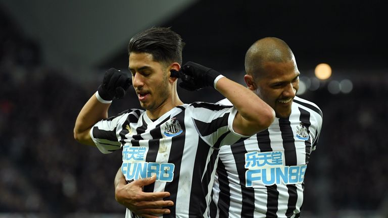 Ayoze Perez of Newcastle United celebrates after scoring his team's first goal with Salomon Rondon during the Premier League match between Newcastle United and Wolverhampton Wanderers at St. James Park on December 9, 2018 in Newcastle upon Tyne, United Kingdom