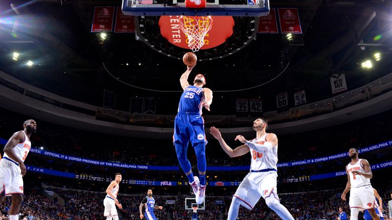 Ben Simmons of the Philadelphia 76ers shoots the ball against the New York Knicks