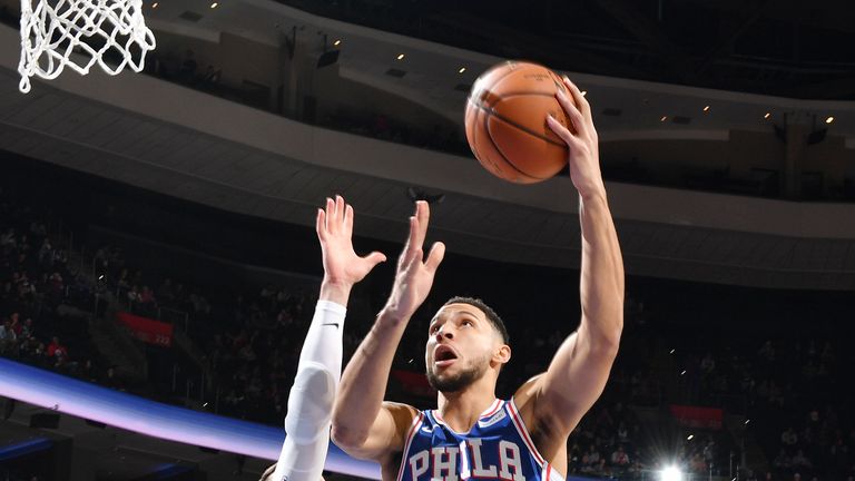 Ben Simmons #25 of the Philadelphia 76ers shoots the ball against the New York Knicks on November 28, 2018 at the Wells Fargo Center in Philadelphia, Pennsylvania 