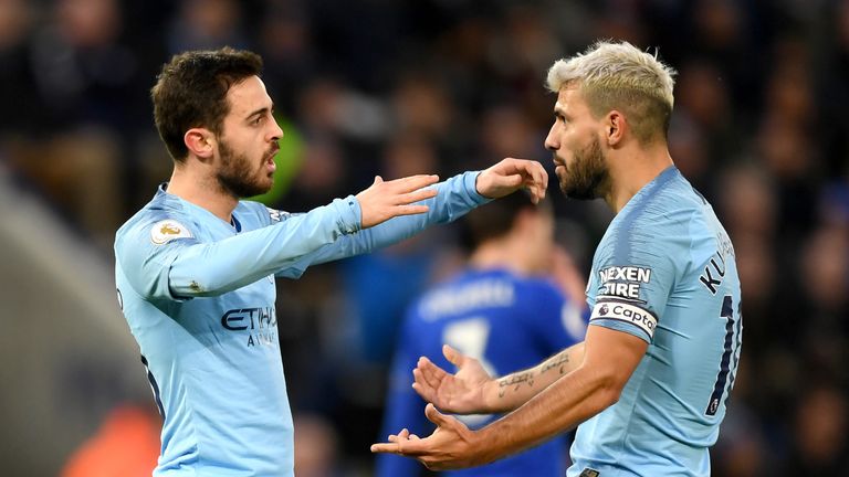 Bernardo Silva celebrates his goal with Sergio Aguero