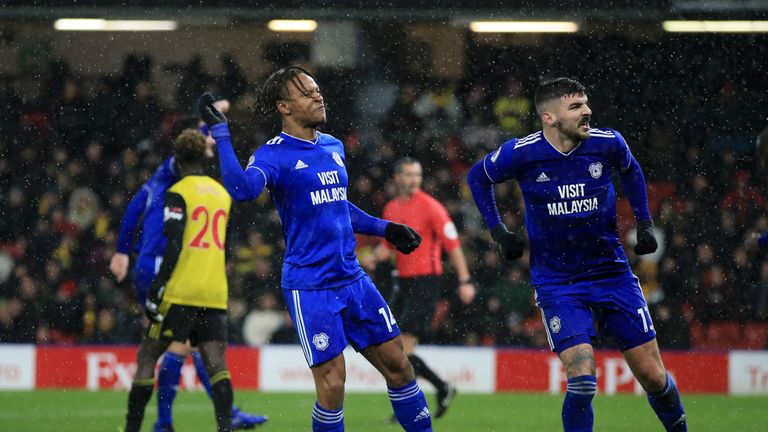 Bobby Reid celebrates scoring Cardiff City's second goal