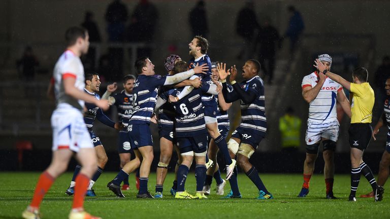  Players of Bordeaux Begles celebrate their win over Sale Sharks at the end of the match during the Challenge Cup match between Sale Sharks and Bordeaux Begles at AJ Bell Stadium on December 15, 2018 in Salford, United Kingdom. 