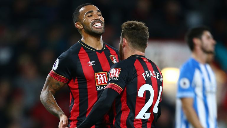 Callum Wilson celebrates with goalscorer Ryan Fraser