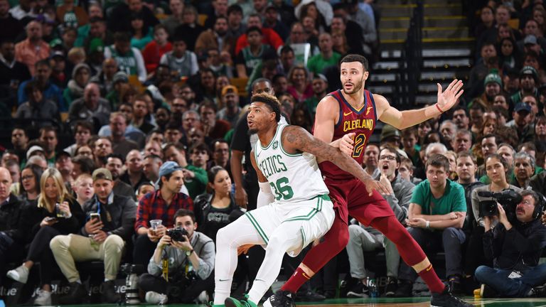 BOSTON, MA - NOVEMBER 30:  Marcus Smart #36 of the Boston Celtics boxes out against Larry Nance Jr. #22 of the Cleveland Cavaliers on November 30, 2018 at the TD Garden in Boston, Massachusetts.  NOTE TO USER: User expressly acknowledges and agrees that, by downloading and or using this photograph, User is consenting to the terms and conditions of the Getty Images License Agreement. Mandatory Copyright Notice: Copyright 2018 NBAE  (Photo by Brian Babineau/NBAE via Getty Images)