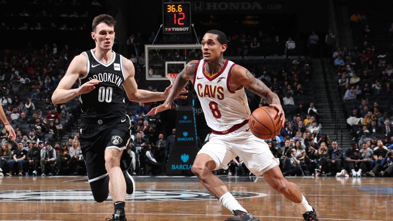 BROOKLYN, NY - DECEMBER 3: Jordan Clarkson #8 of the Cleveland Cavaliers handles the ball against the Brooklyn Nets on December 3, 2018 at the Barclays Center in Brooklyn, New York. NOTE TO USER: User expressly acknowledges and agrees that, by downloading and/or using this photograph, user is consenting to the terms and conditions of the Getty Images License Agreement. Mandatory Copyright Notice: Copyright 2018 NBAE (Photo by Nathaniel S. Butler/NBAE via Getty Images)