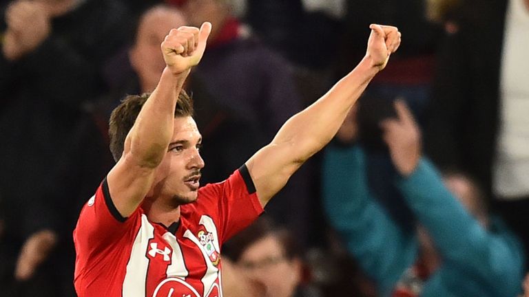 Cedric Soares celebrates during the Premier League match between Southampton FC and Manchester United.