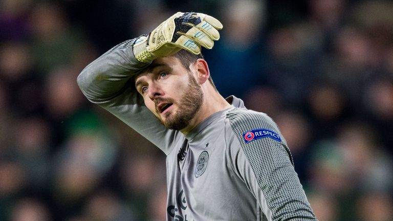 Celtic goalkeeper Craig Gordon shows his frustration after the second goal for RB Salzburg