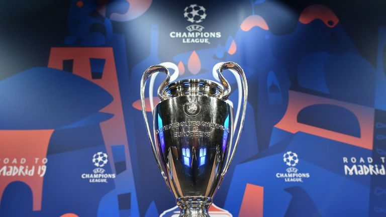 The UEFA Champions League football cup is displayed prior to the draw for the round of 16 of the UEFA Champions League football tournament at the UEFA headquarters in Nyon on December 17, 2018