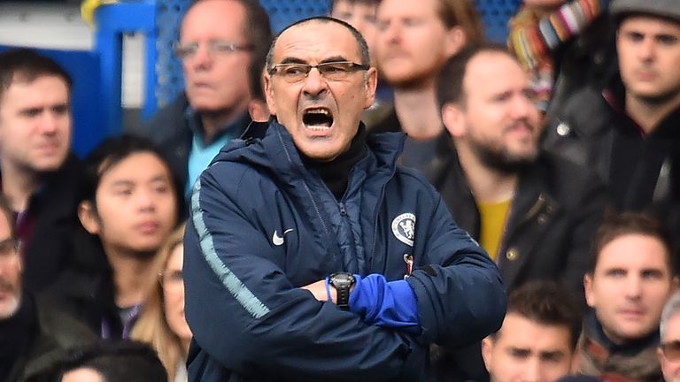 Chelsea's Italian head coach Maurizio Sarri watches from the touchline during the English Premier League football match between Chelsea and Fulham at Stamford Bridge in London on December 2, 2018.