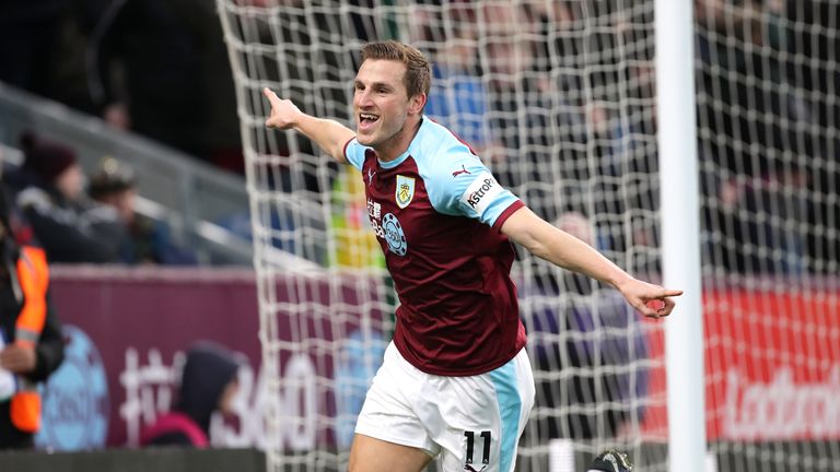 Burnley's Chris Wood celebrates scoring his side's first goal of the game
