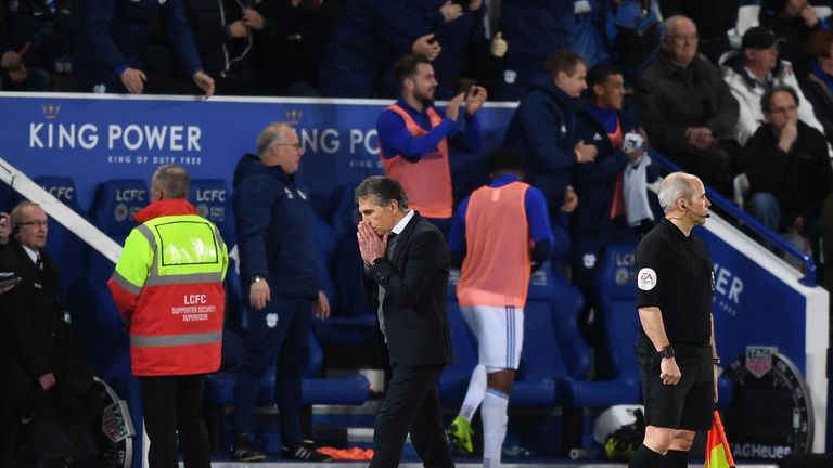 Claude Puel gestures after Cardiff score against Leicester 