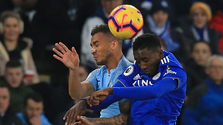 Danilo competes for a header with Wilfred Ndidi