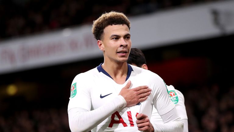 Dele Alli celebrates scoring Tottenham's second goal against Arsenal