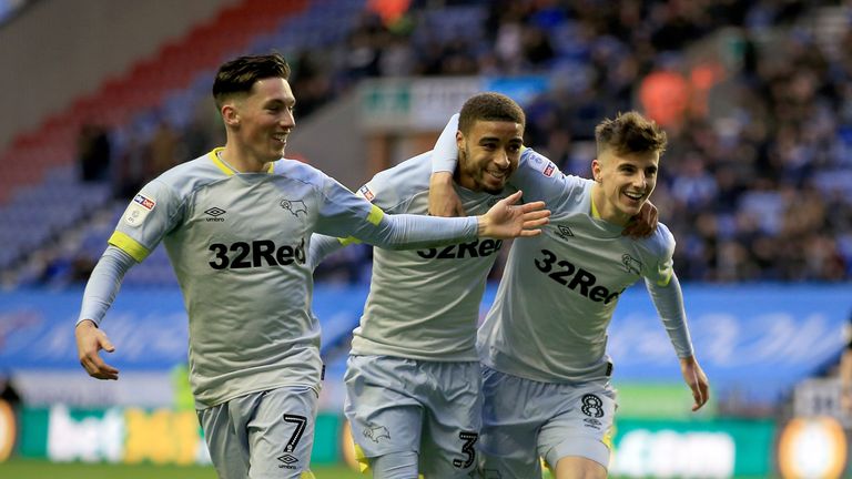 Derby County's (Left to right) Harry Wilson, Jayden Bogle and Mason Mount celebrate after their team-mate Jack Marriott scores their sides first goal.