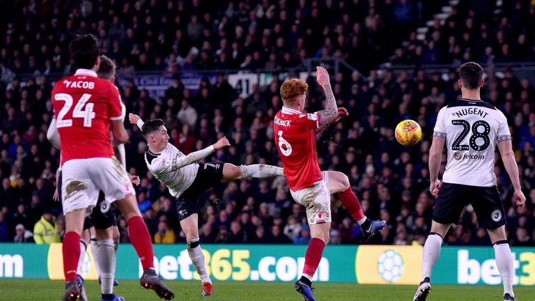 Harry Wilson of Derby County shoots at goal during the Sky Bet Championship match between Derby County and Nottingham Forest at Pride Park Stadium on December 17, 2018 in Derby, England