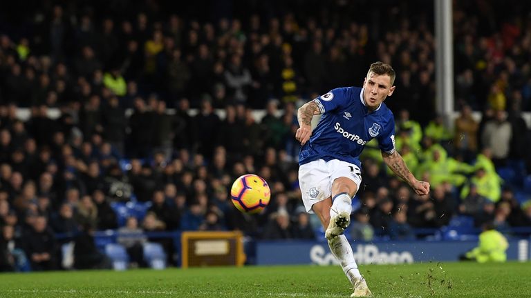 Lucas Digne scores during the Premier League match between Everton FC and Watford FC.