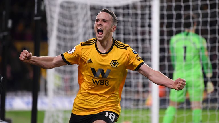 Diogo Jota celebrates after giving the Wolves the lead