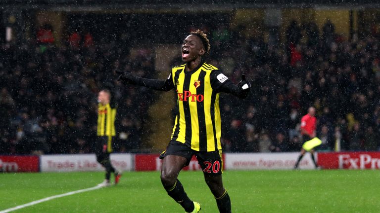 Domingos Quina celebrates scoring Watford's third goal of the game