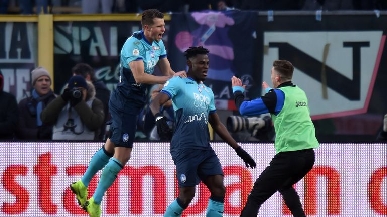 Duvan Zapata is mobbed after his double put Atalanta in control