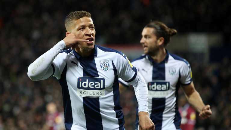 West Bromwich Albion's Dwight Gayle celebrates scoring his side's first goal of the game against Aston Villa
