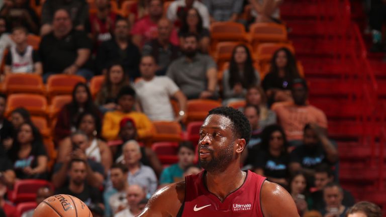 Dwyane Wade #3 of the Miami Heat handles the ball against the Utah Jazz on December 2, 2018 at American Airlines Arena in Miami, Florida.