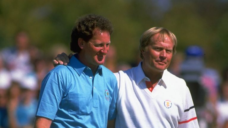 Eamonn Darcy with Jack Nicklaus after the Irishman's crucial win over Ben Crenshaw at the 1987 Ryder Cup