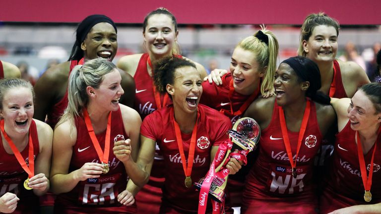 Vitality Roses of England celebrate during the trophy presentation after they win all three matches of the series to take the victory during the Vitality Netball International Series match between England and Uganda at the Copper Box Arena on December 2, 2018 in London, United Kingdom
