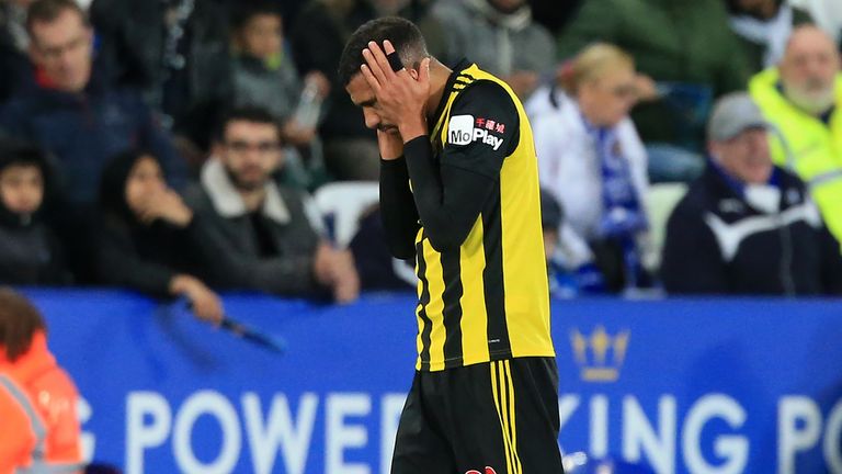 Watford's French midfielder Etienne Capoue reacts after being sent off during the English Premier League football match between Leicester City and Watford at King Power Stadium in Leicester, central England on December 1, 2018.