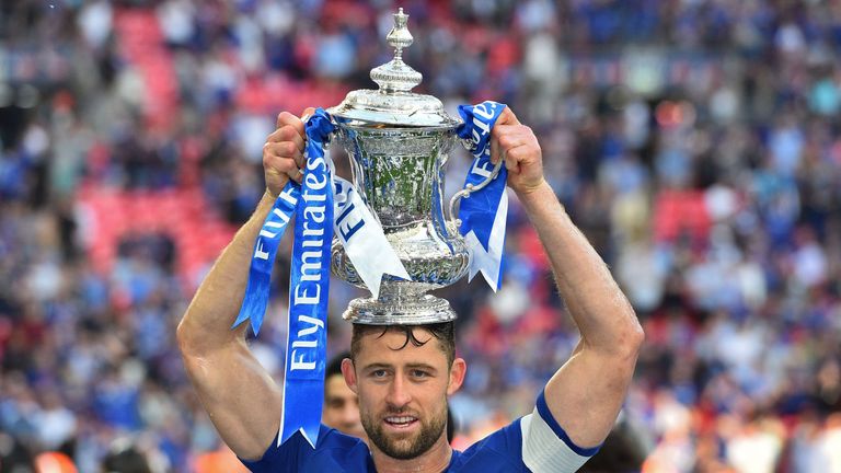 Gary Cahill lifts the FA Cup 